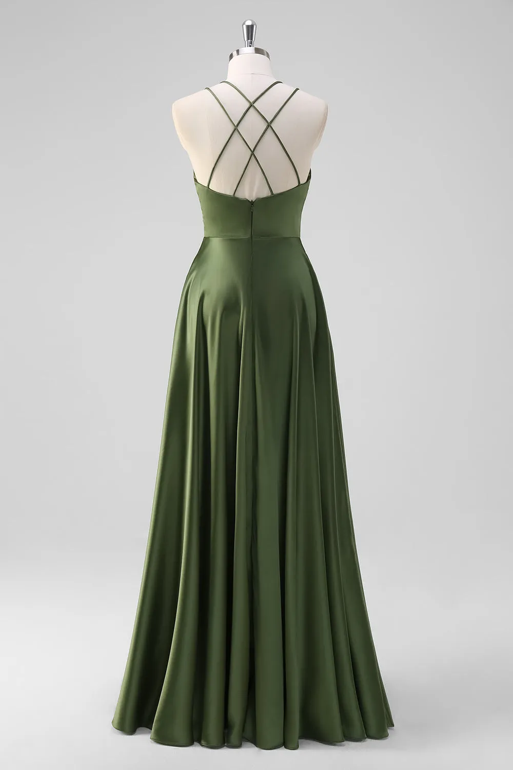 Olive A-Line Spaghetti Straps Ruched Long Satin Bridesmaid Dress sold by Zapaka product image thumbnail 2