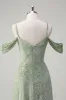Dusty Sage A-Line Cold Shoulder Jacquard Long Bridesmaid Dress with Slit sold by Zapaka