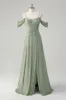 Dusty Sage A-Line Cold Shoulder Jacquard Long Bridesmaid Dress with Slit sold by Zapaka