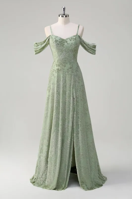 Dusty Sage A-Line Cold Shoulder Jacquard Long Bridesmaid Dress with Slit sold by Zapaka