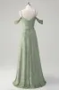 Dusty Sage A-Line Cold Shoulder Jacquard Long Bridesmaid Dress with Slit sold by Zapaka