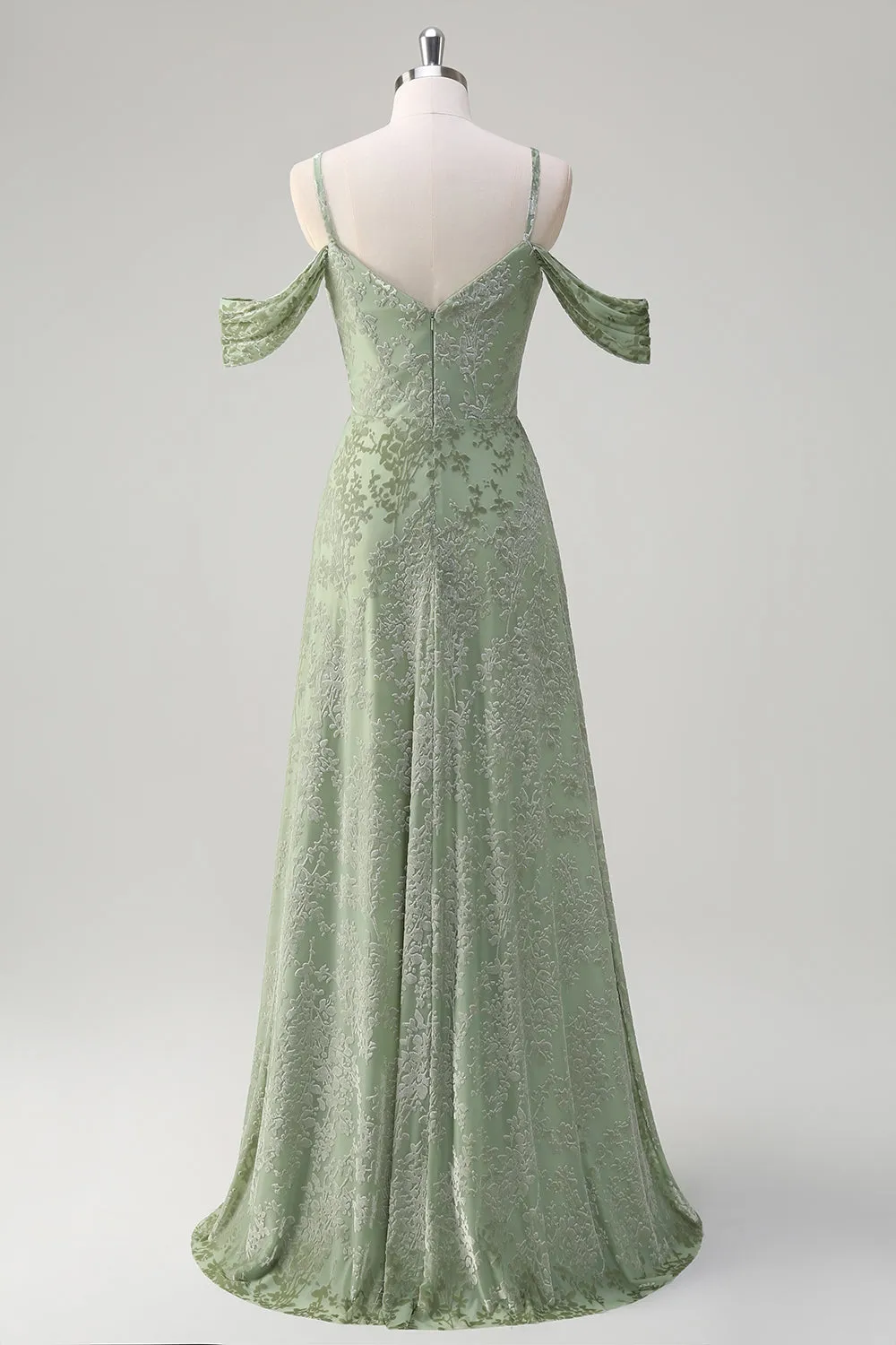 Dusty Sage A-Line Cold Shoulder Jacquard Long Bridesmaid Dress with Slit sold by Zapaka product image thumbnail 2