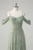 Dusty Sage A-Line Cold Shoulder Jacquard Long Bridesmaid Dress with Slit sold by Zapaka