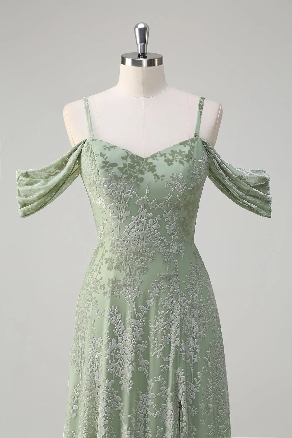 Dusty Sage A-Line Cold Shoulder Jacquard Long Bridesmaid Dress with Slit sold by Zapaka product image thumbnail 4