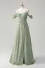 Dusty Sage A-Line Cold Shoulder Jacquard Long Bridesmaid Dress with Slit sold by Zapaka