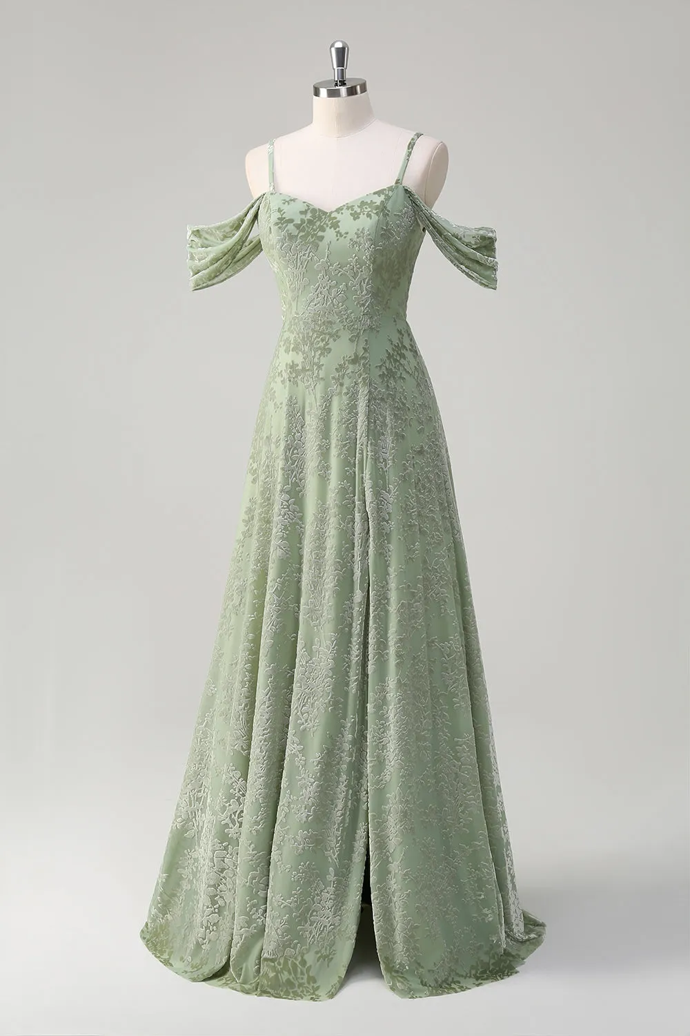 Dusty Sage A-Line Cold Shoulder Jacquard Long Bridesmaid Dress with Slit sold by Zapaka product image thumbnail 3