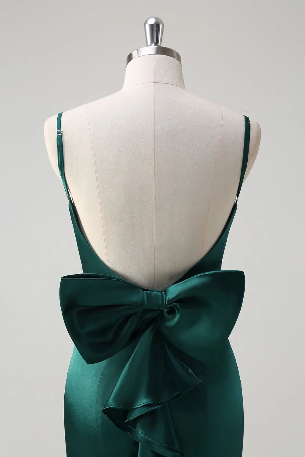 Dark Green Mermaid Spaghetti Straps Satin Bow Ruffle Long Bridesmaid Dress sold by Zapaka product image thumbnail 5