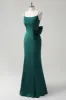 Dark Green Mermaid Spaghetti Straps Satin Bow Ruffle Long Bridesmaid Dress sold by Zapaka