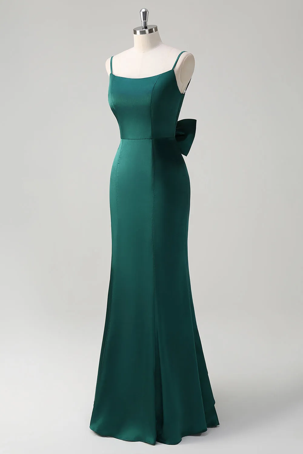 Dark Green Mermaid Spaghetti Straps Satin Bow Ruffle Long Bridesmaid Dress sold by Zapaka product image thumbnail 3