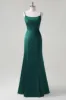 Dark Green Mermaid Spaghetti Straps Satin Bow Ruffle Long Bridesmaid Dress sold by Zapaka