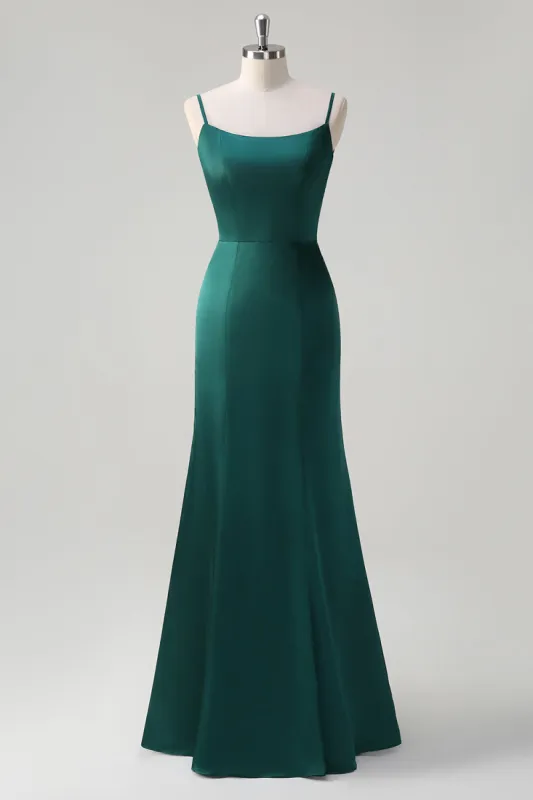 Dark Green Mermaid Spaghetti Straps Satin Bow Ruffle Long Bridesmaid Dress sold by Zapaka