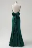 Dark Green Mermaid Spaghetti Straps Satin Bow Ruffle Long Bridesmaid Dress sold by Zapaka