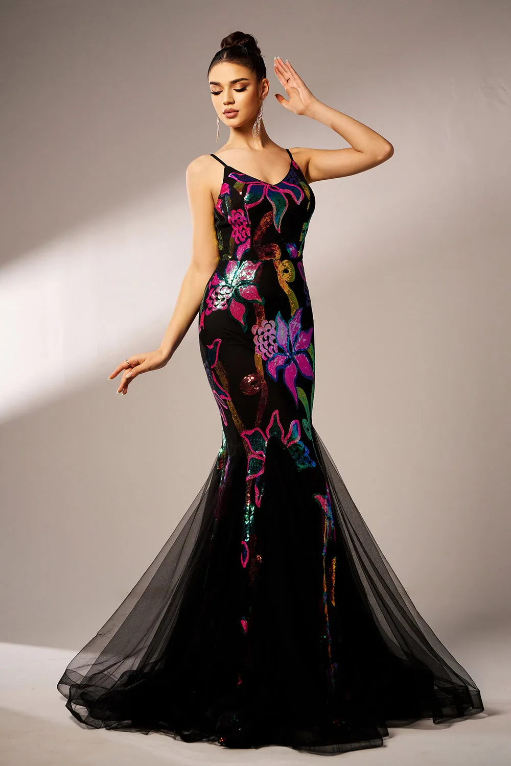 Sparkly Floral Black Mermaid Spaghetti Straps Tulle Prom Dress sold by Zapaka product image thumbnail 3