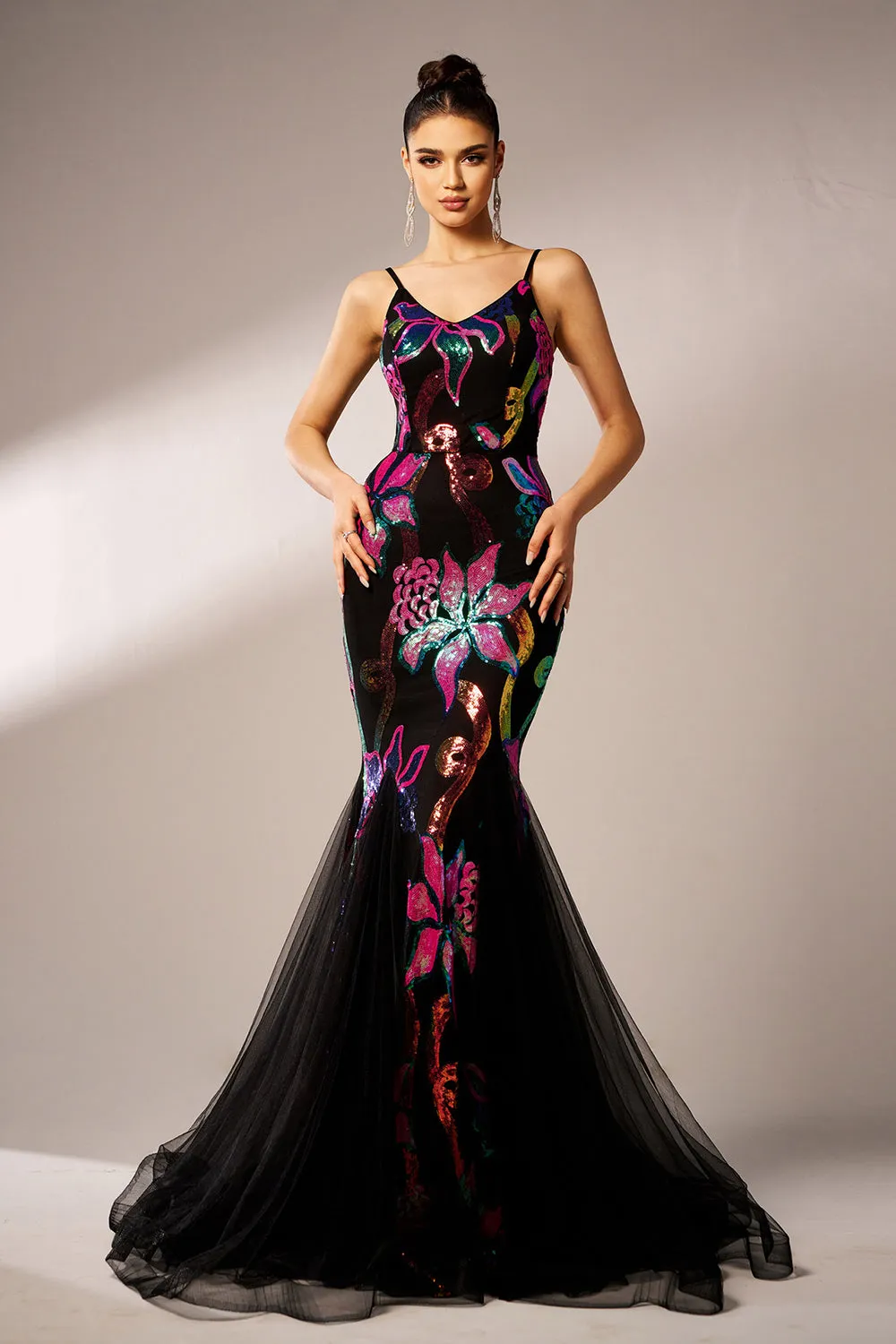 Sparkly Floral Black Mermaid Spaghetti Straps Tulle Prom Dress sold by Zapaka