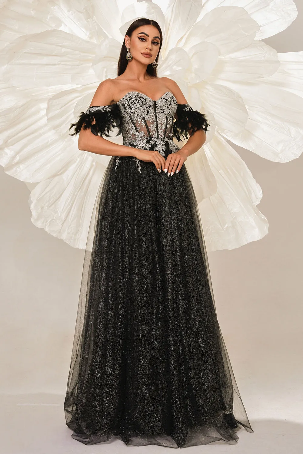 Sparkly Black Off the Shouler A-Line Tulle Long Corset Prom Dress with Feather sold by Zapaka product image thumbnail 4