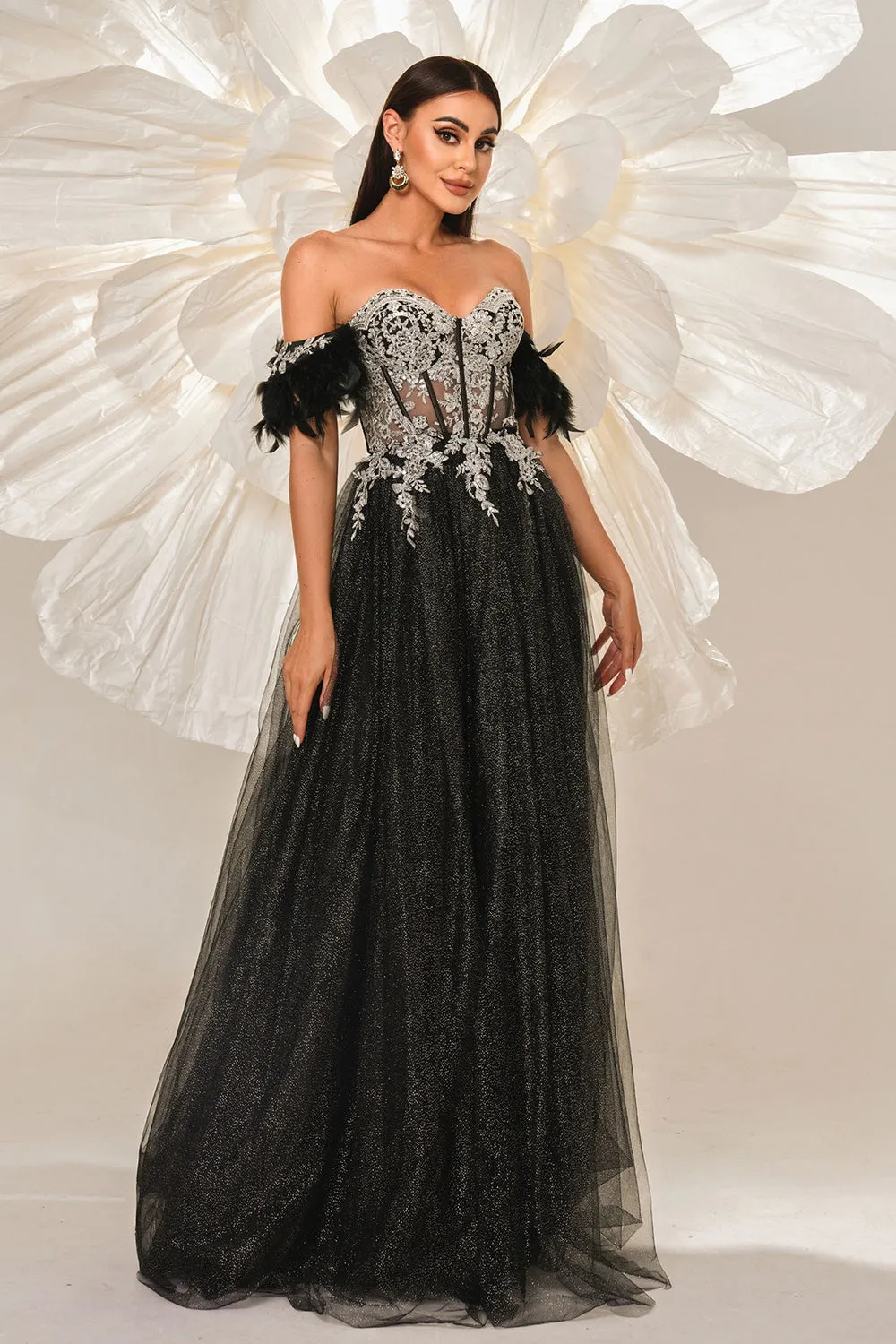 Sparkly Black Off the Shouler A-Line Tulle Long Corset Prom Dress with Feather sold by Zapaka product image thumbnail 5