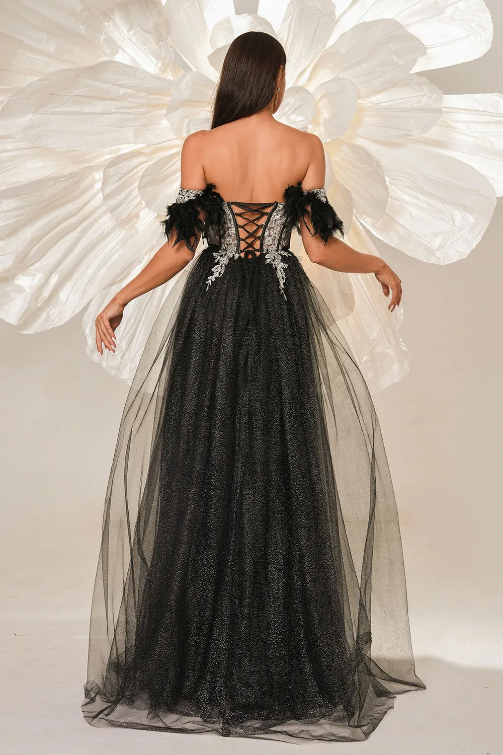 Sparkly Black Off the Shouler A-Line Tulle Long Corset Prom Dress with Feather sold by Zapaka product image thumbnail 2