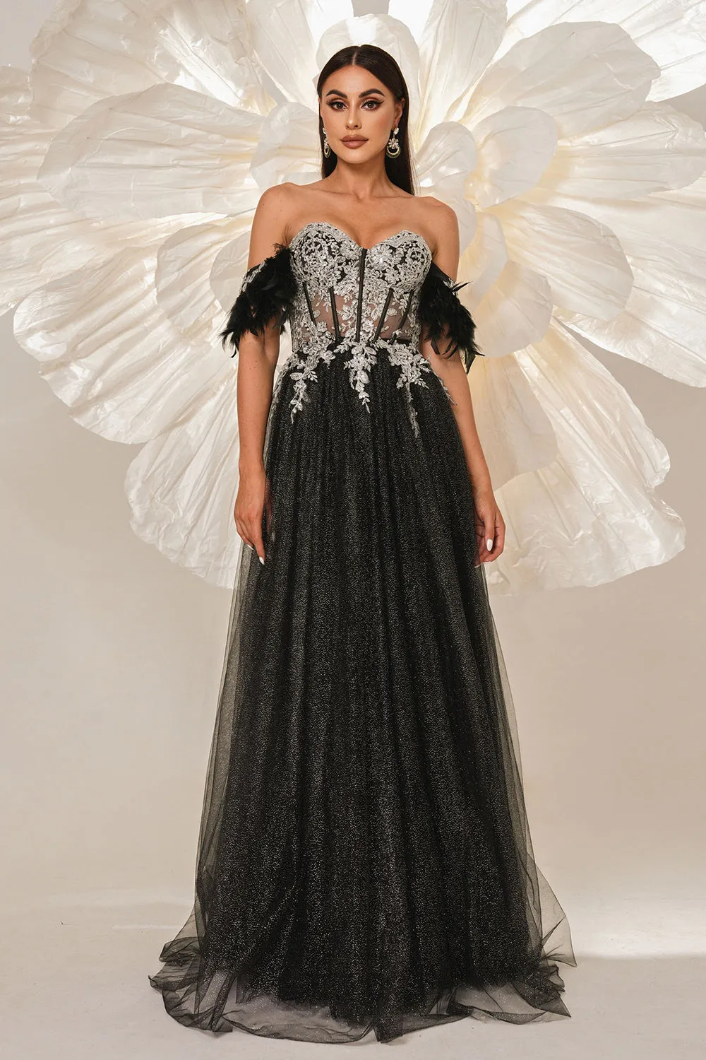 Sparkly Black Off the Shouler A-Line Tulle Long Corset Prom Dress with Feather sold by Zapaka