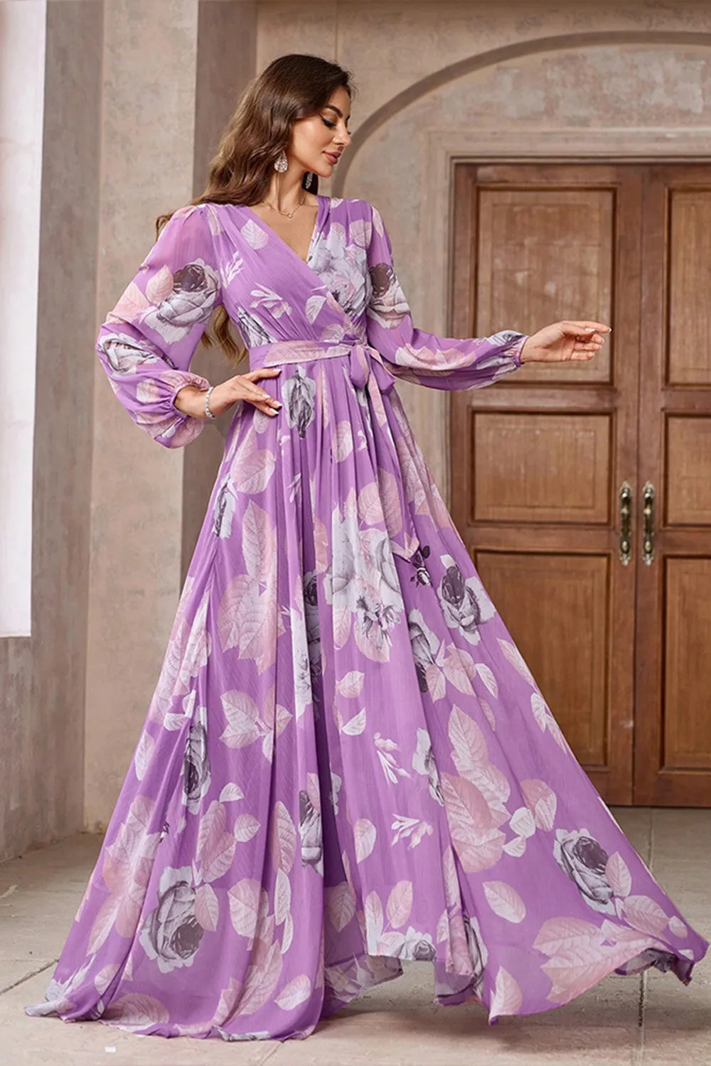 Purple Floral Printed Chiffon A-Line V-neck Long Sleeves Long Formal Dress sold by Zapaka product image thumbnail 3