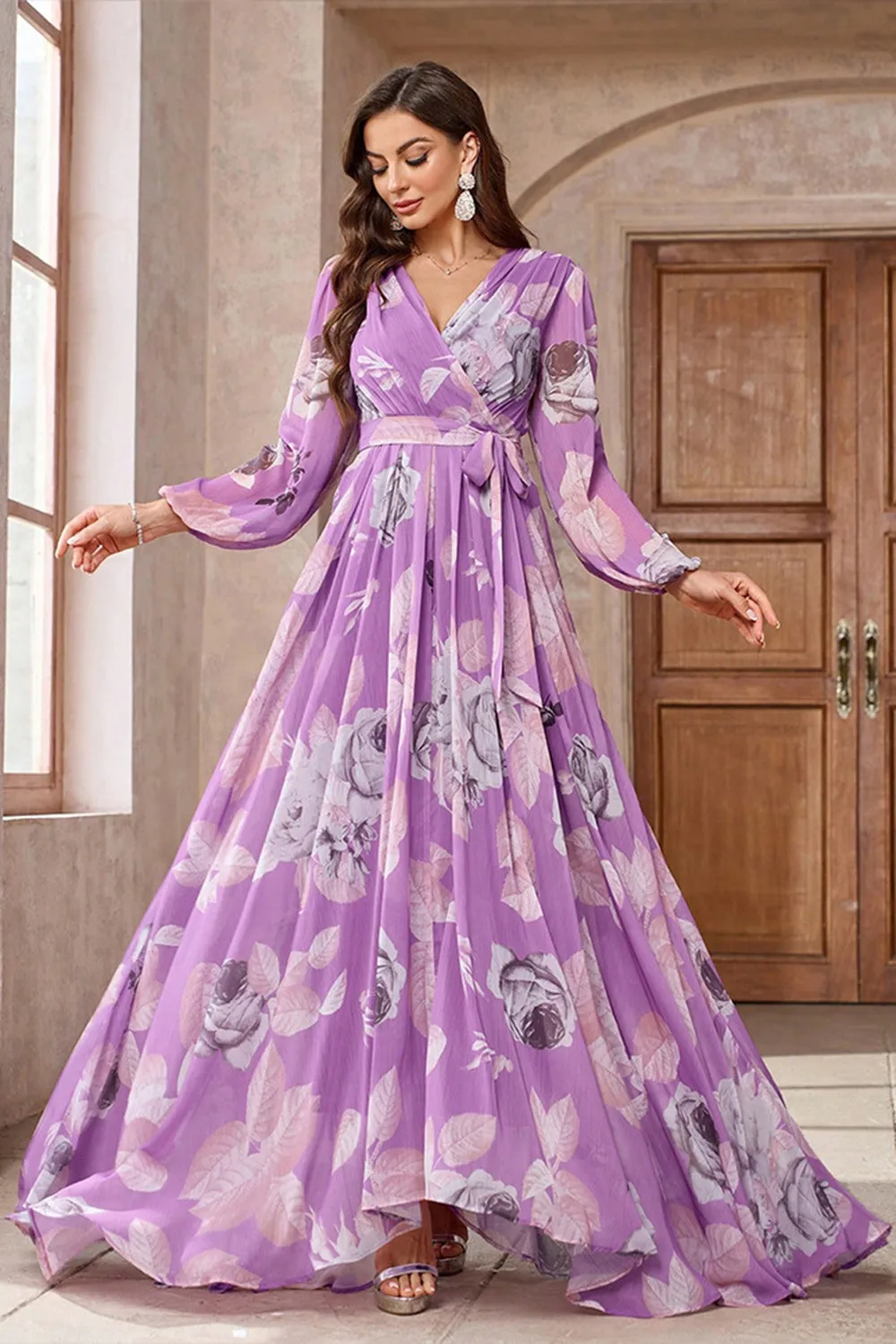 Purple Floral Printed Chiffon A-Line V-neck Long Sleeves Long Formal Dress sold by Zapaka product image thumbnail 4