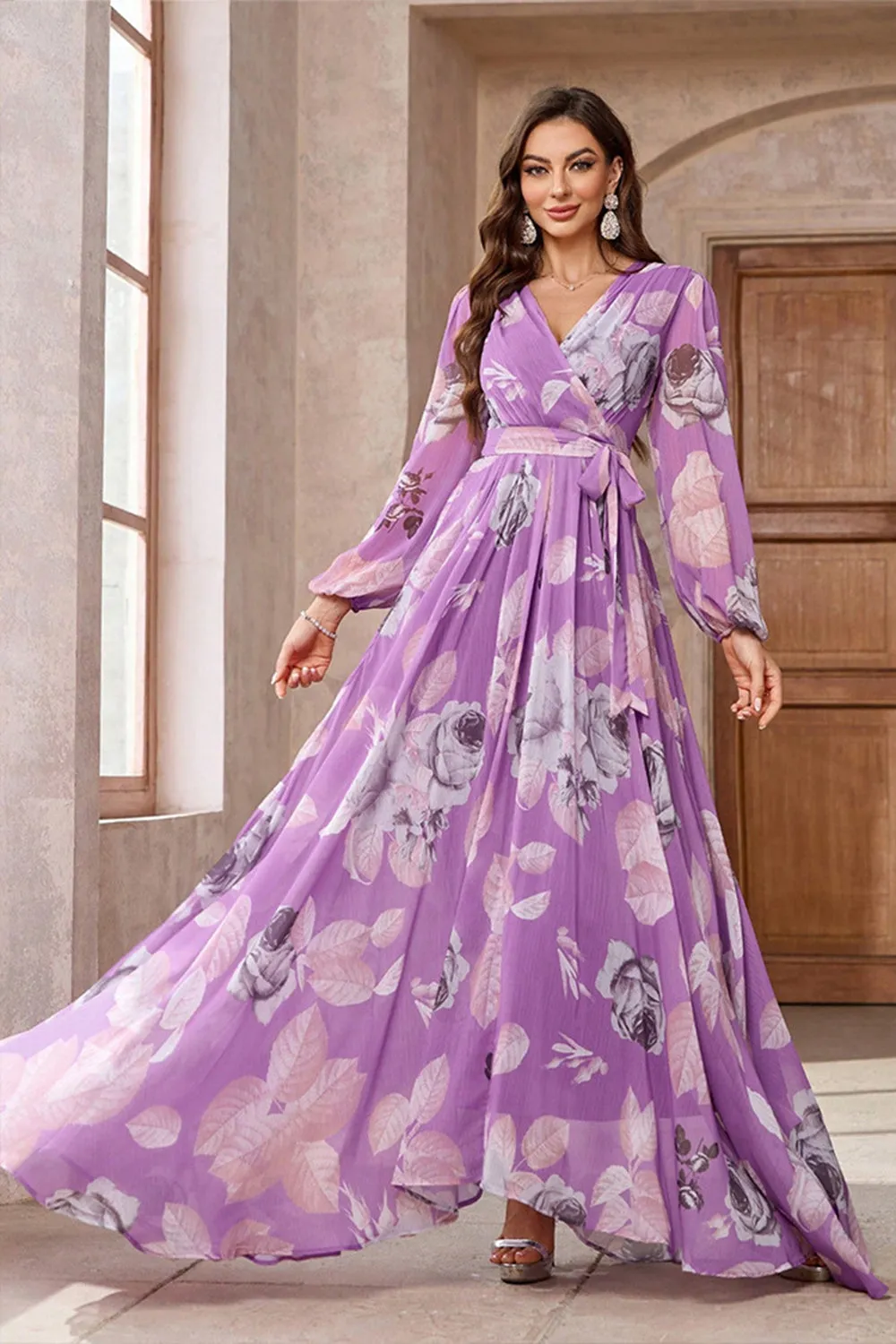 Purple Floral Printed Chiffon A-Line V-neck Long Sleeves Long Formal Dress sold by Zapaka