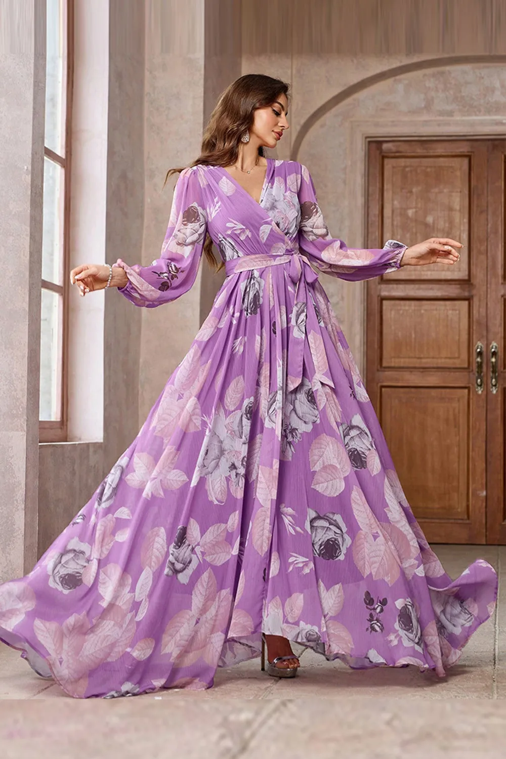 Purple Floral Printed Chiffon A-Line V-neck Long Sleeves Long Formal Dress sold by Zapaka product image thumbnail 5