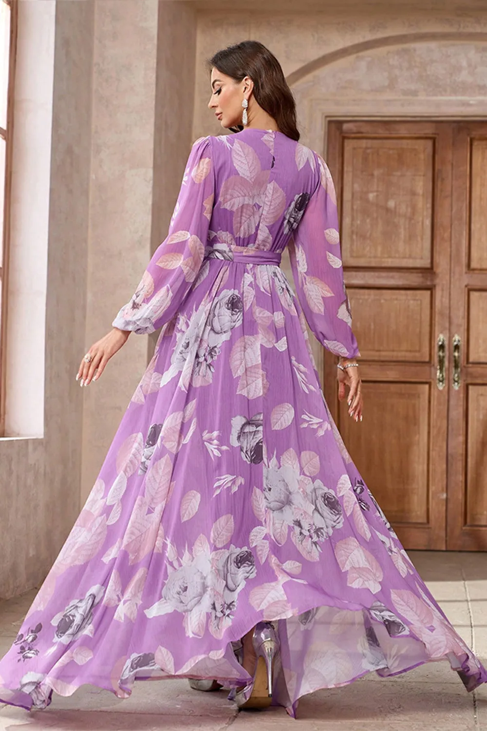 Purple Floral Printed Chiffon A-Line V-neck Long Sleeves Long Formal Dress sold by Zapaka product image thumbnail 2