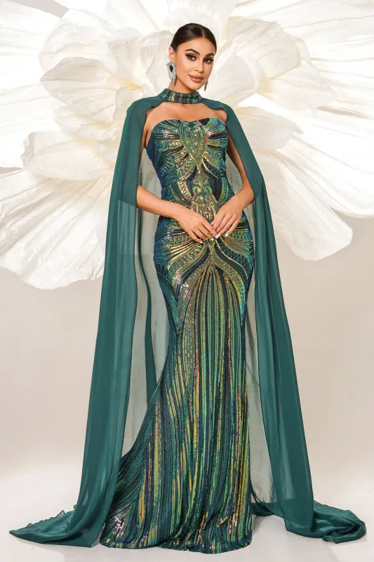 Green Sparkly Sequined Mermaid Evening Dress with Long Wrap sold by Zapaka