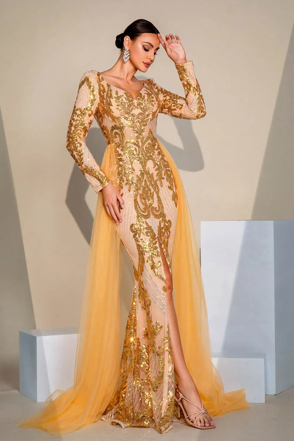 Golden Sparkly Mermaid Long Sleeves Prom Dress with Slit sold by Zapaka product image thumbnail 5