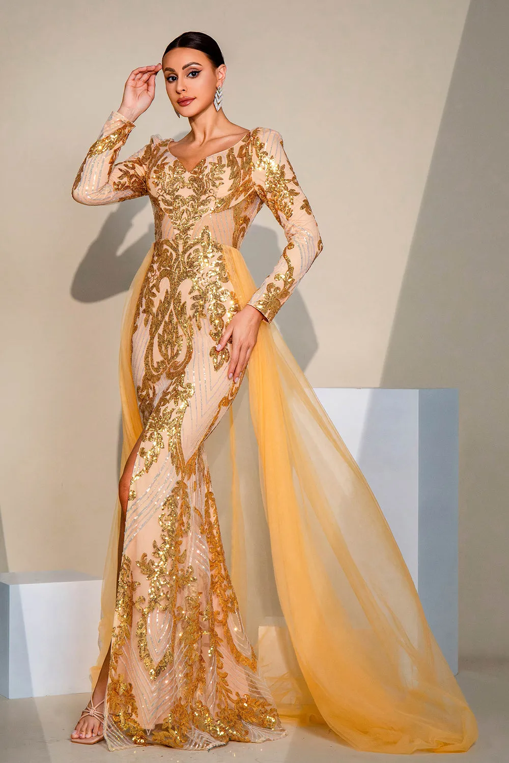 Golden Sparkly Mermaid Long Sleeves Prom Dress with Slit sold by Zapaka product image thumbnail 3