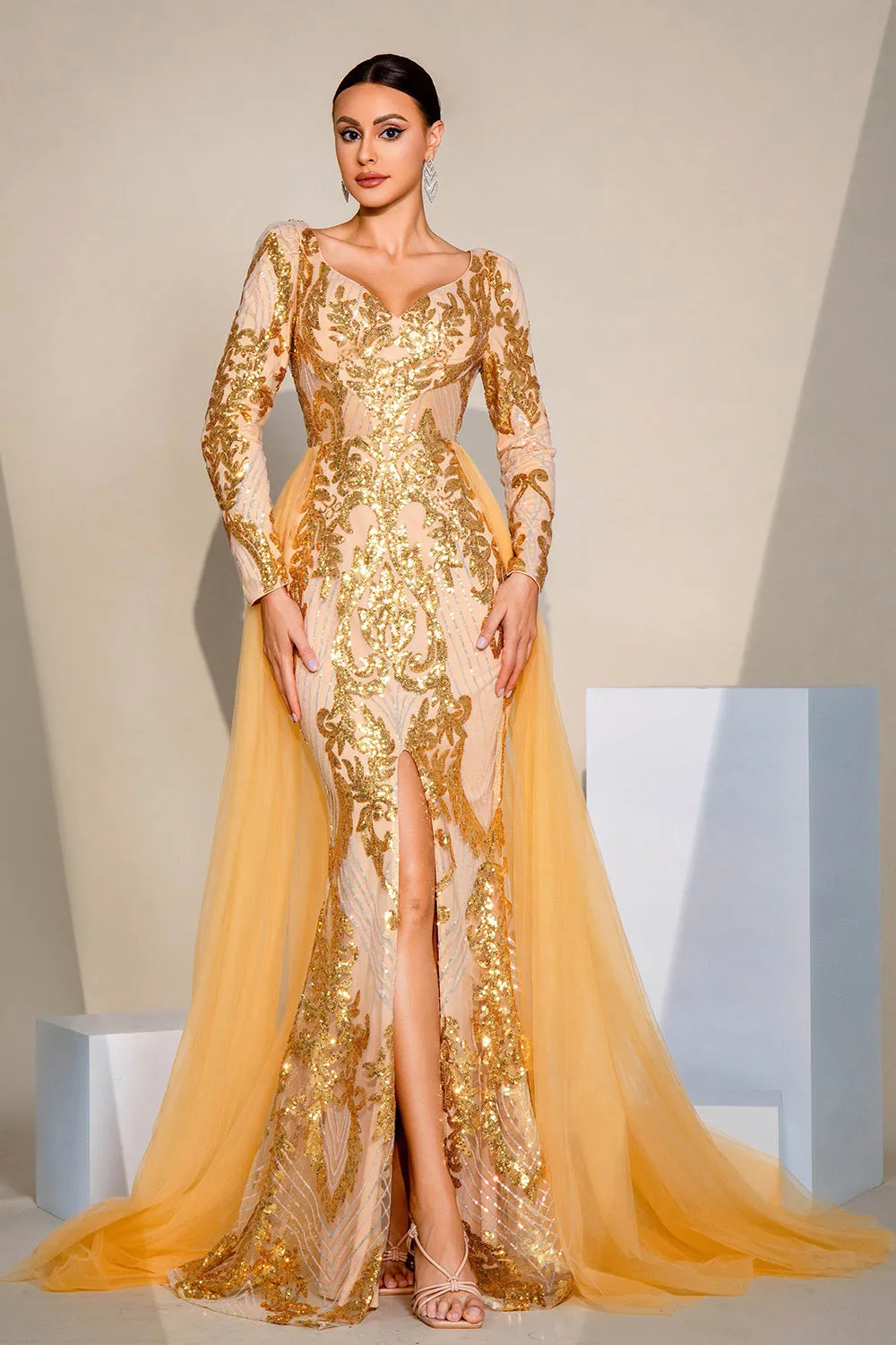 Golden Sparkly Mermaid Long Sleeves Prom Dress with Slit sold by Zapaka product image thumbnail 4