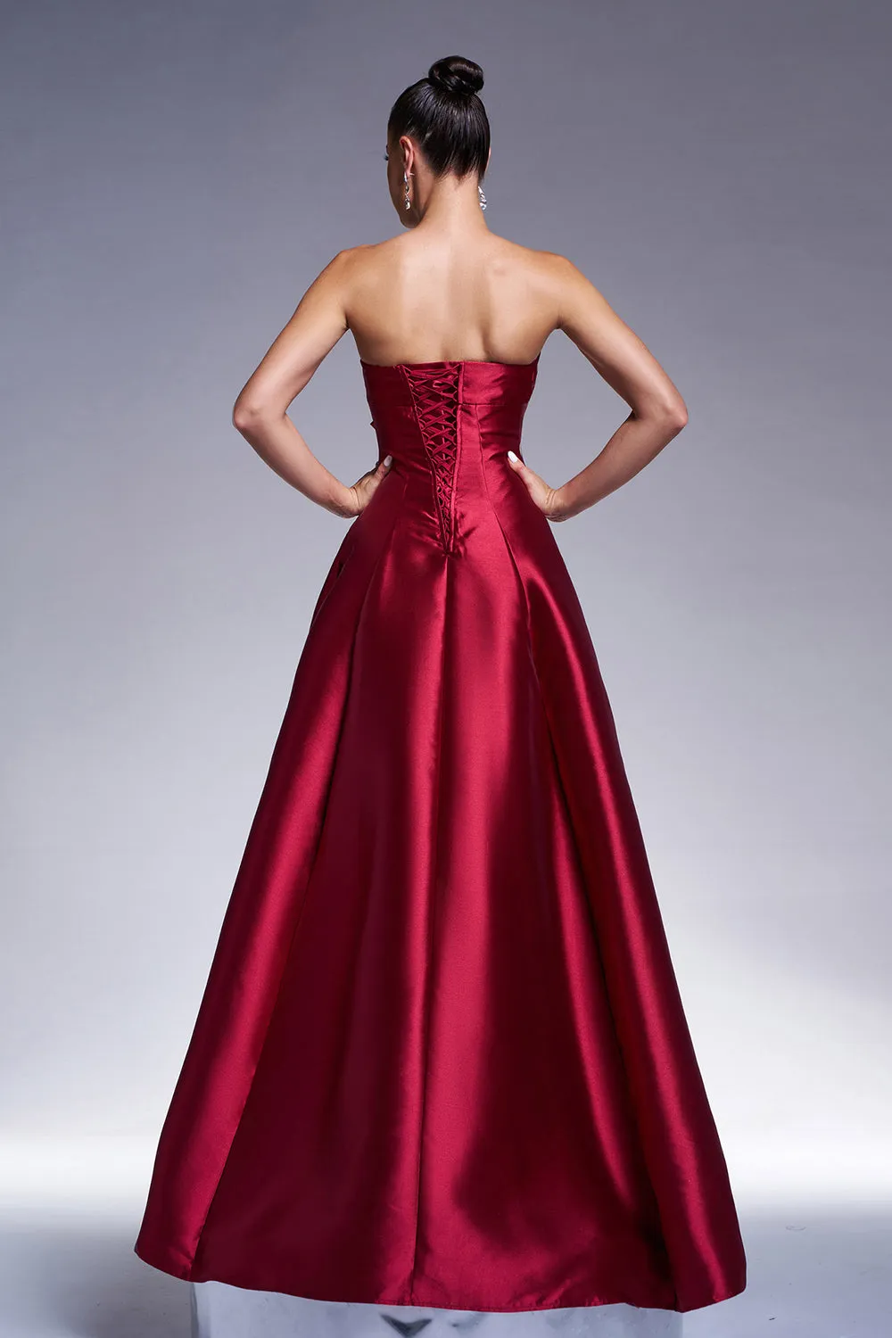 Burgundy A-Line Strapless Satin Prom Dress with Bow sold by Zapaka product image thumbnail 2