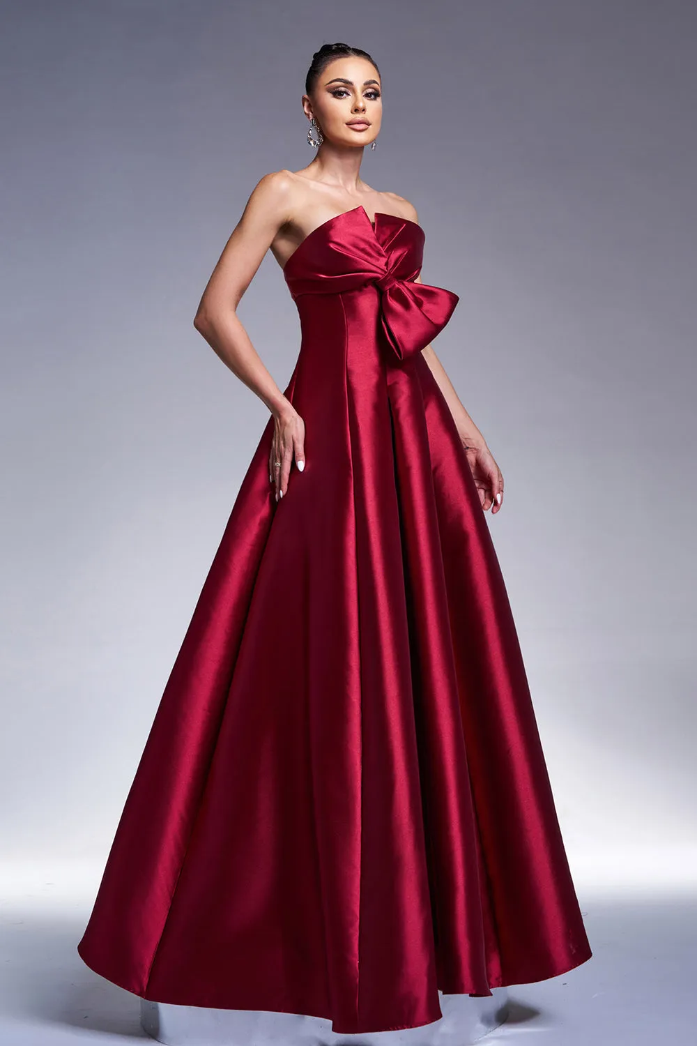 Burgundy A-Line Strapless Satin Prom Dress with Bow sold by Zapaka product image thumbnail 3