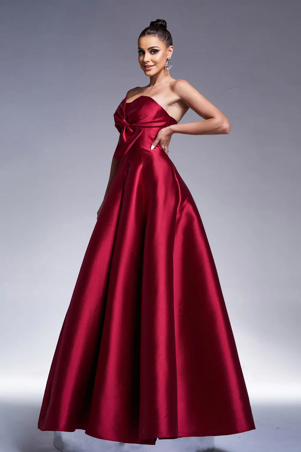 Burgundy A-Line Strapless Satin Prom Dress with Bow sold by Zapaka product image thumbnail 4