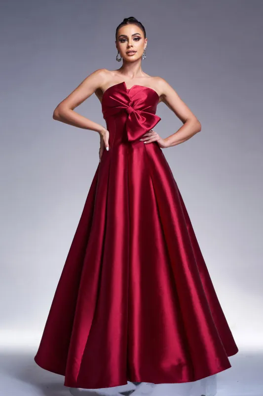 Burgundy A-Line Strapless Satin Prom Dress with Bow sold by Zapaka