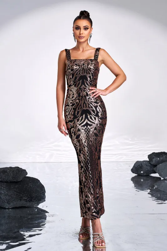Black Golden Print Sequins Mermaid Square Neck Long Prom Dress sold by Zapaka