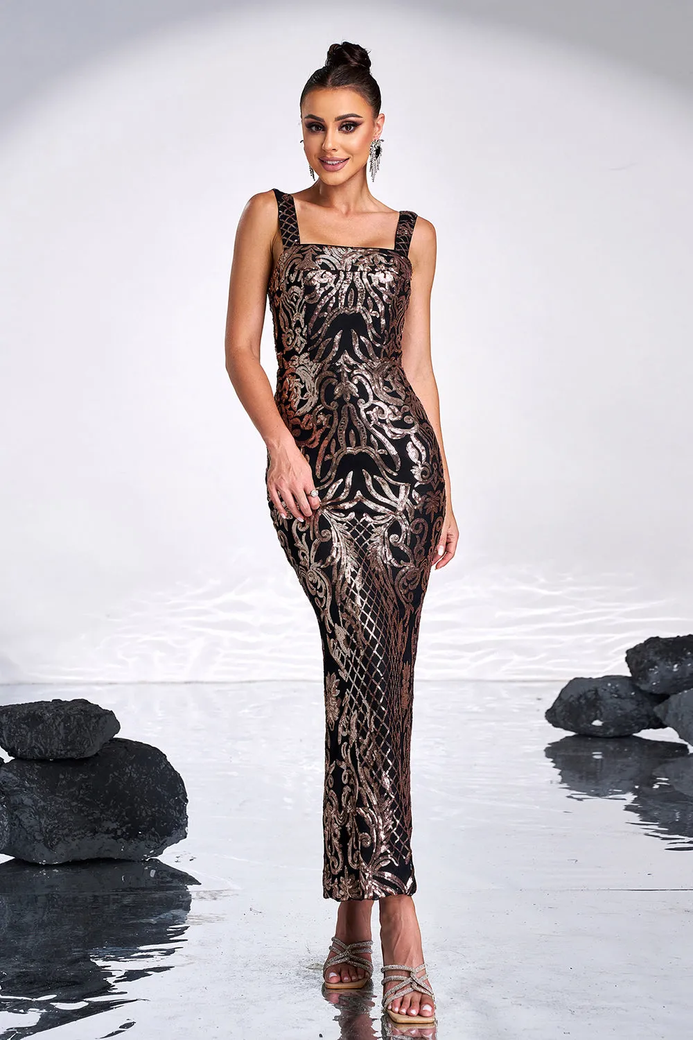 Black Golden Print Sequins Mermaid Square Neck Long Prom Dress sold by Zapaka product image thumbnail 5