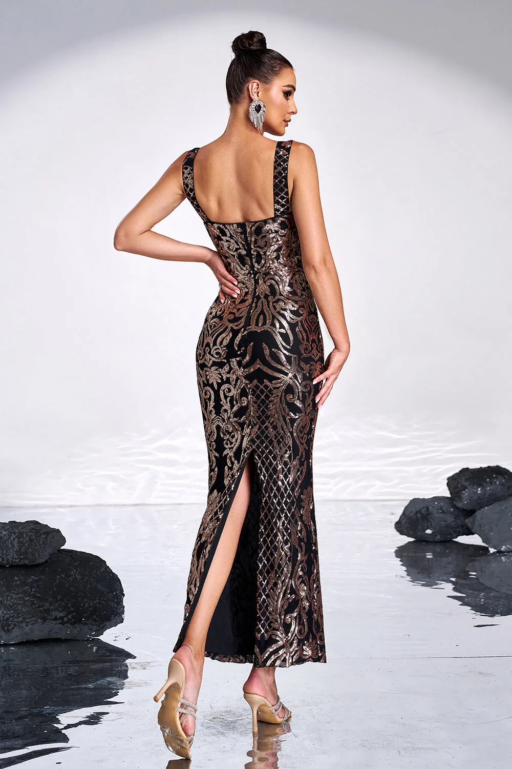 Black Golden Print Sequins Mermaid Square Neck Long Prom Dress sold by Zapaka product image thumbnail 2