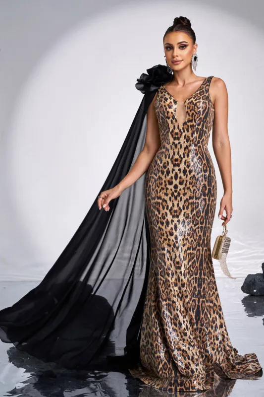 Coffee Leopard Printed Mermaid V-neck Long Prom Dress sold by Zapaka