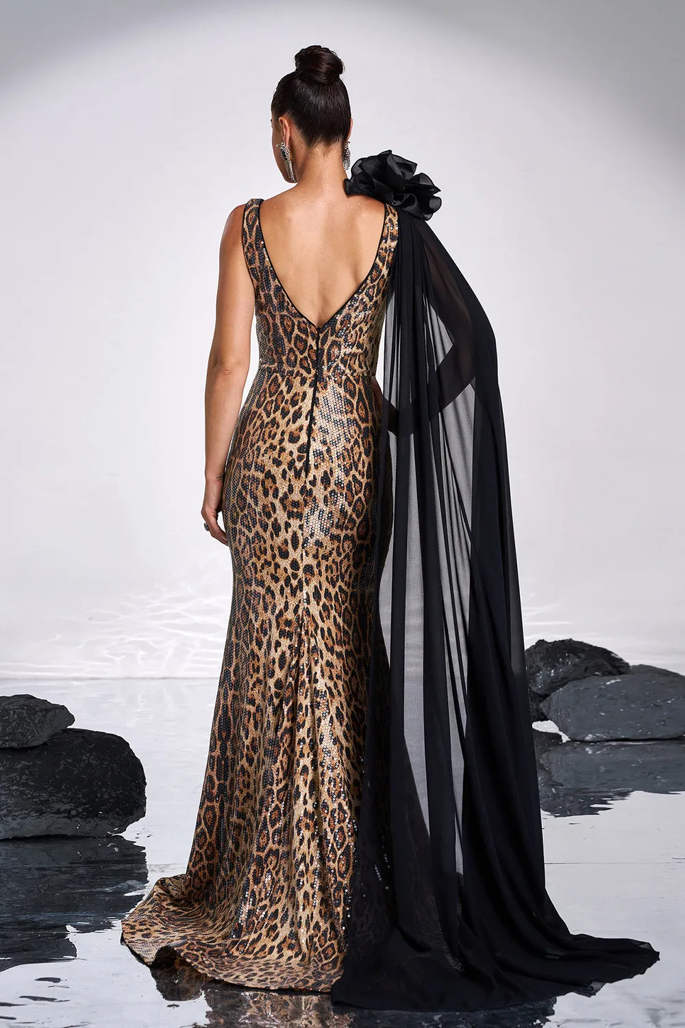 Coffee Leopard Printed Mermaid V-neck Long Prom Dress sold by Zapaka product image thumbnail 2