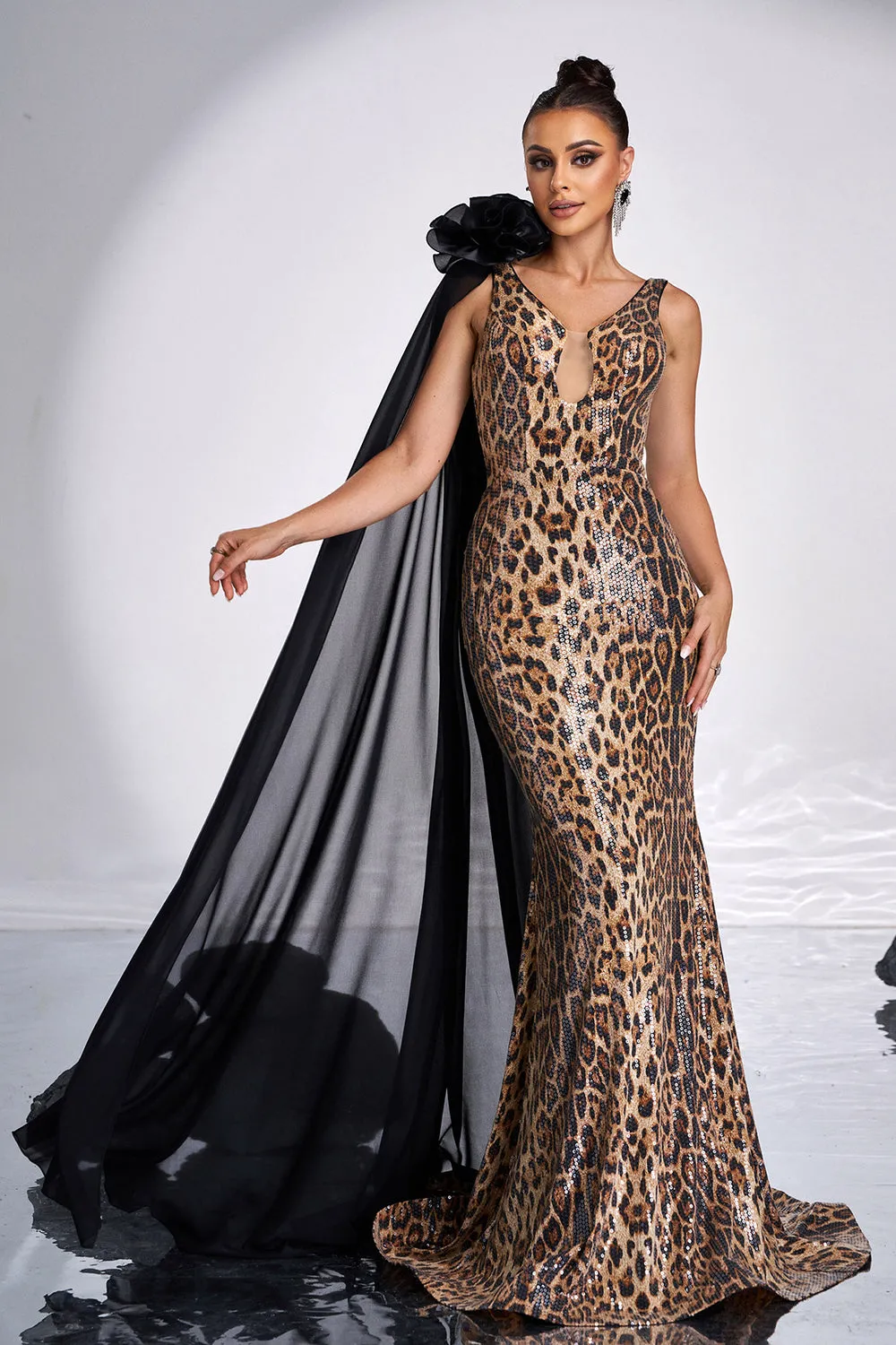 Coffee Leopard Printed Mermaid V-neck Long Prom Dress sold by Zapaka product image thumbnail 3
