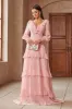 Pink Chiffon V-neck Long Sleeves A-Line Tiered Long Prom Dress sold by Zapaka