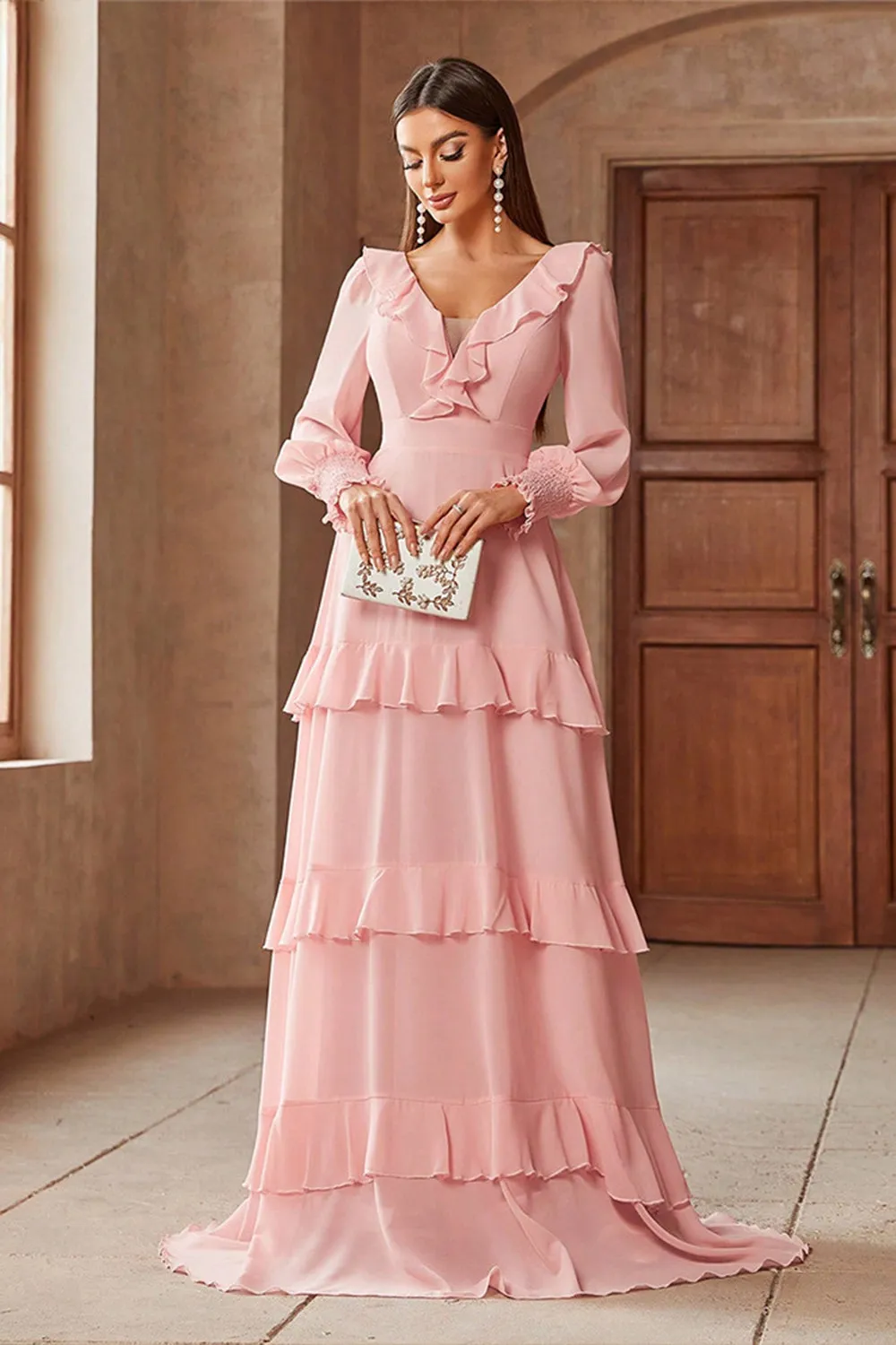 Pink Chiffon V-neck Long Sleeves A-Line Tiered Long Prom Dress sold by Zapaka product image thumbnail 3