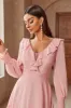 Pink Chiffon V-neck Long Sleeves A-Line Tiered Long Prom Dress sold by Zapaka