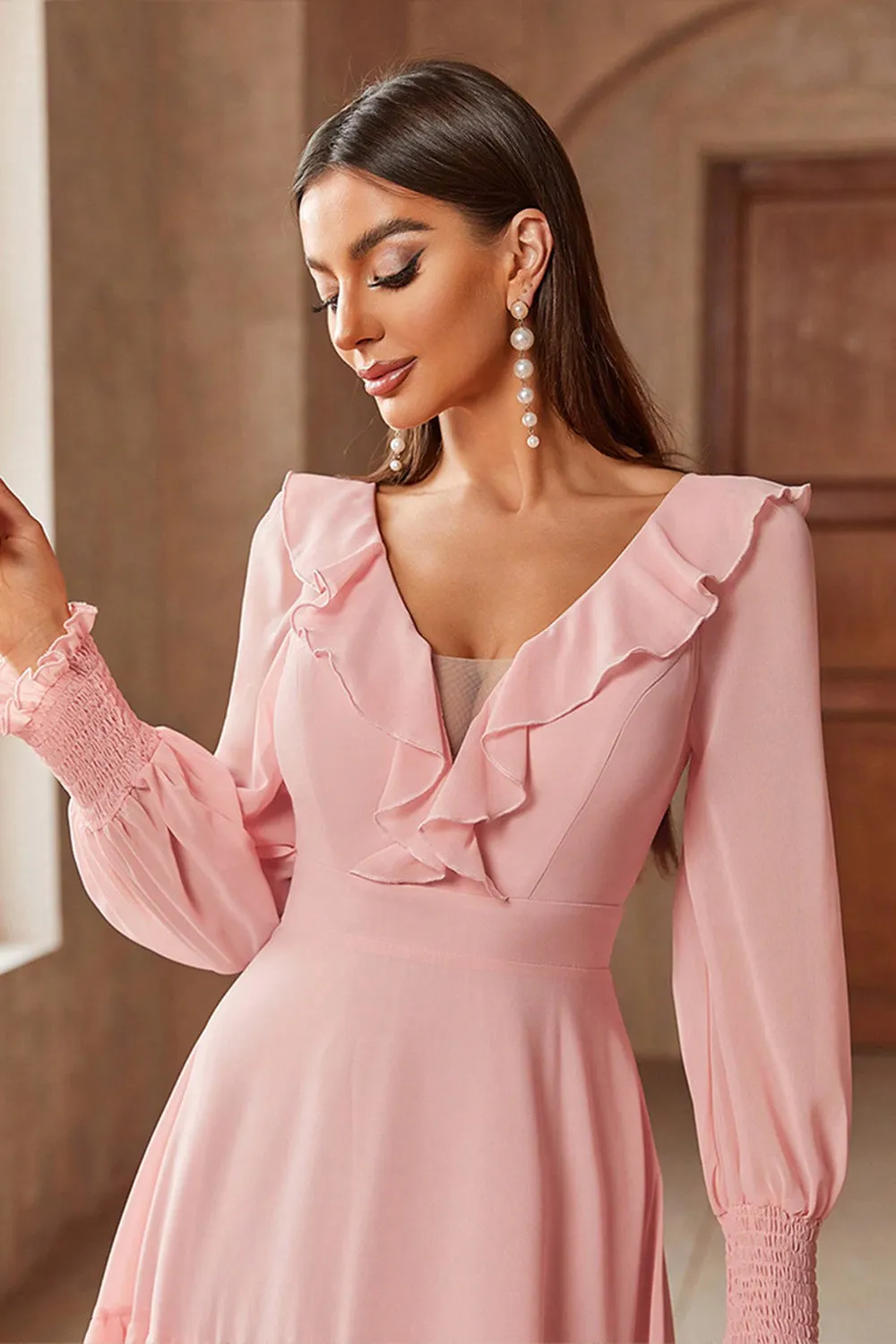 Pink Chiffon V-neck Long Sleeves A-Line Tiered Long Prom Dress sold by Zapaka product image thumbnail 5