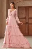 Pink Chiffon V-neck Long Sleeves A-Line Tiered Long Prom Dress sold by Zapaka