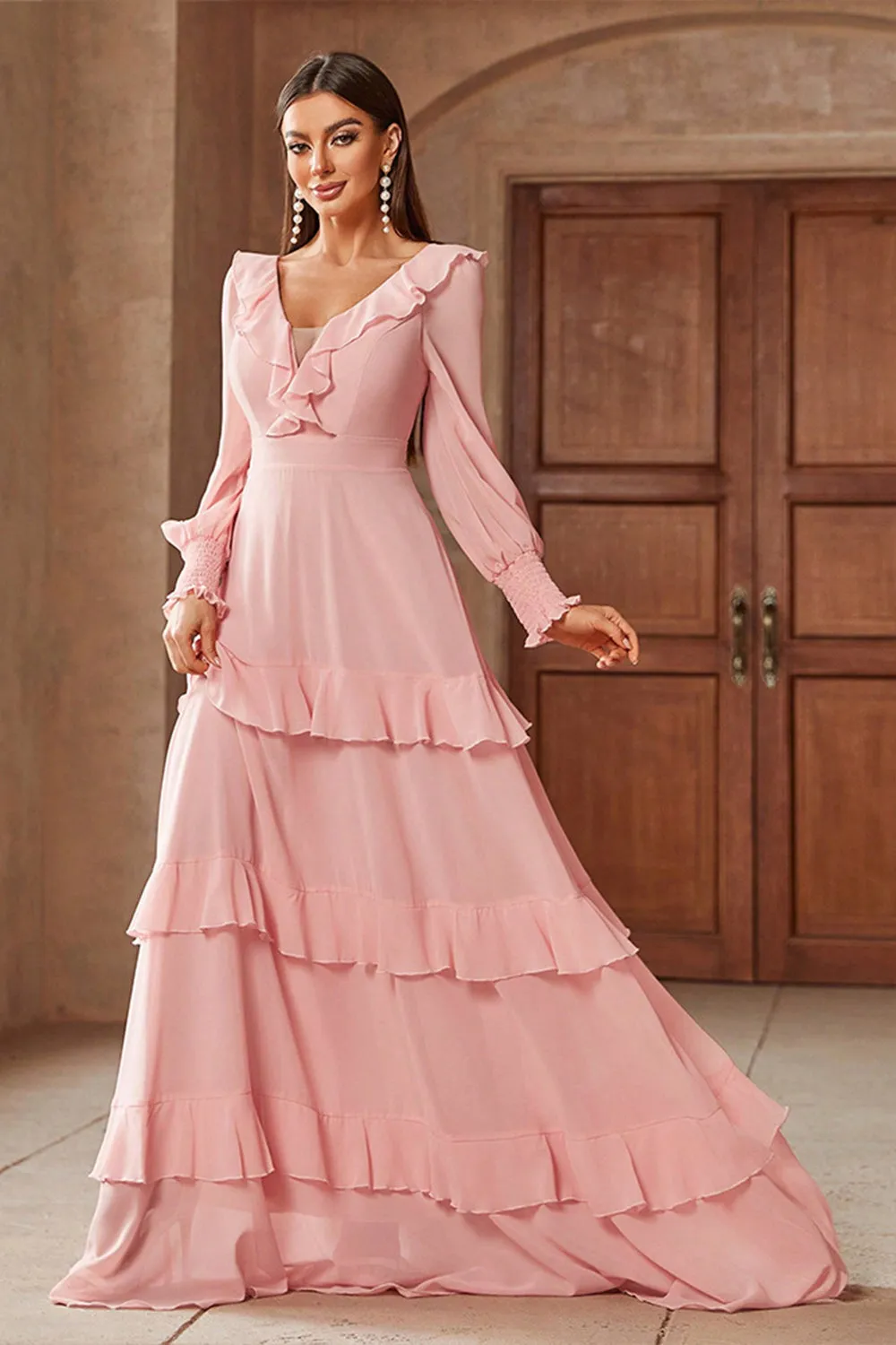 Pink Chiffon V-neck Long Sleeves A-Line Tiered Long Prom Dress sold by Zapaka product image thumbnail 4
