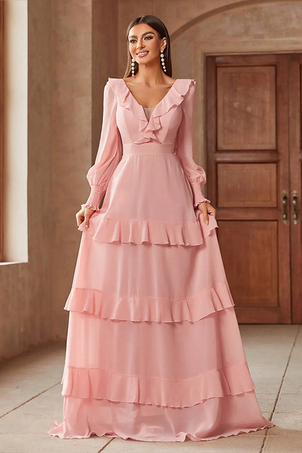 Pink Chiffon V-neck Long Sleeves A-Line Tiered Long Prom Dress sold by Zapaka