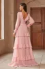 Pink Chiffon V-neck Long Sleeves A-Line Tiered Long Prom Dress sold by Zapaka