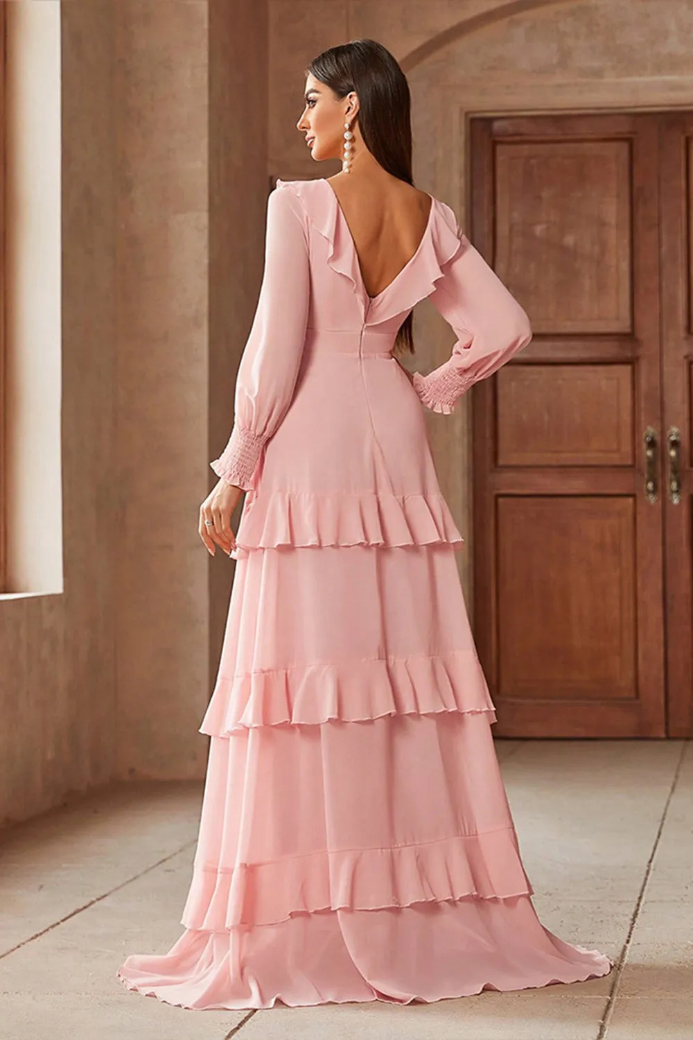 Pink Chiffon V-neck Long Sleeves A-Line Tiered Long Prom Dress sold by Zapaka product image thumbnail 2